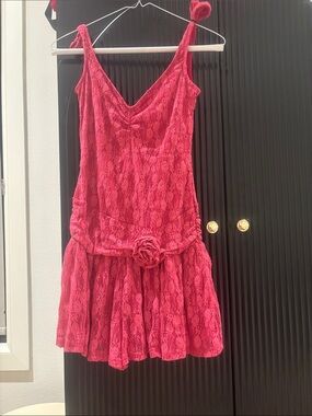 Kimchi Blue Pink Lace Midi Dress with Rosette Belt